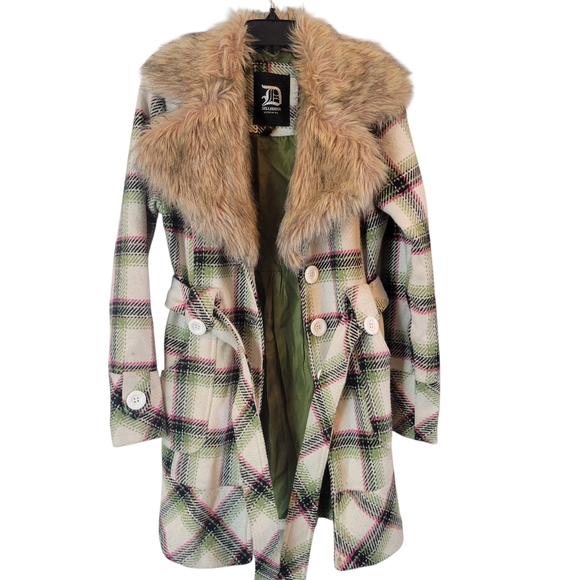 Y2K Dollhouse White Pink Green Plaid Faux Fur Collar Wool Pea Coat - Picture 2 of 10